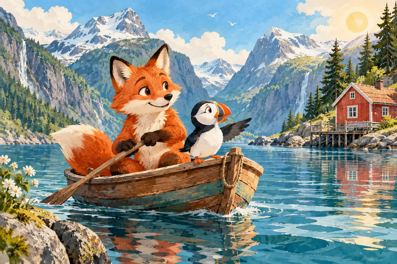 Illustrasjon av en rev og en lundefugl på fjorden