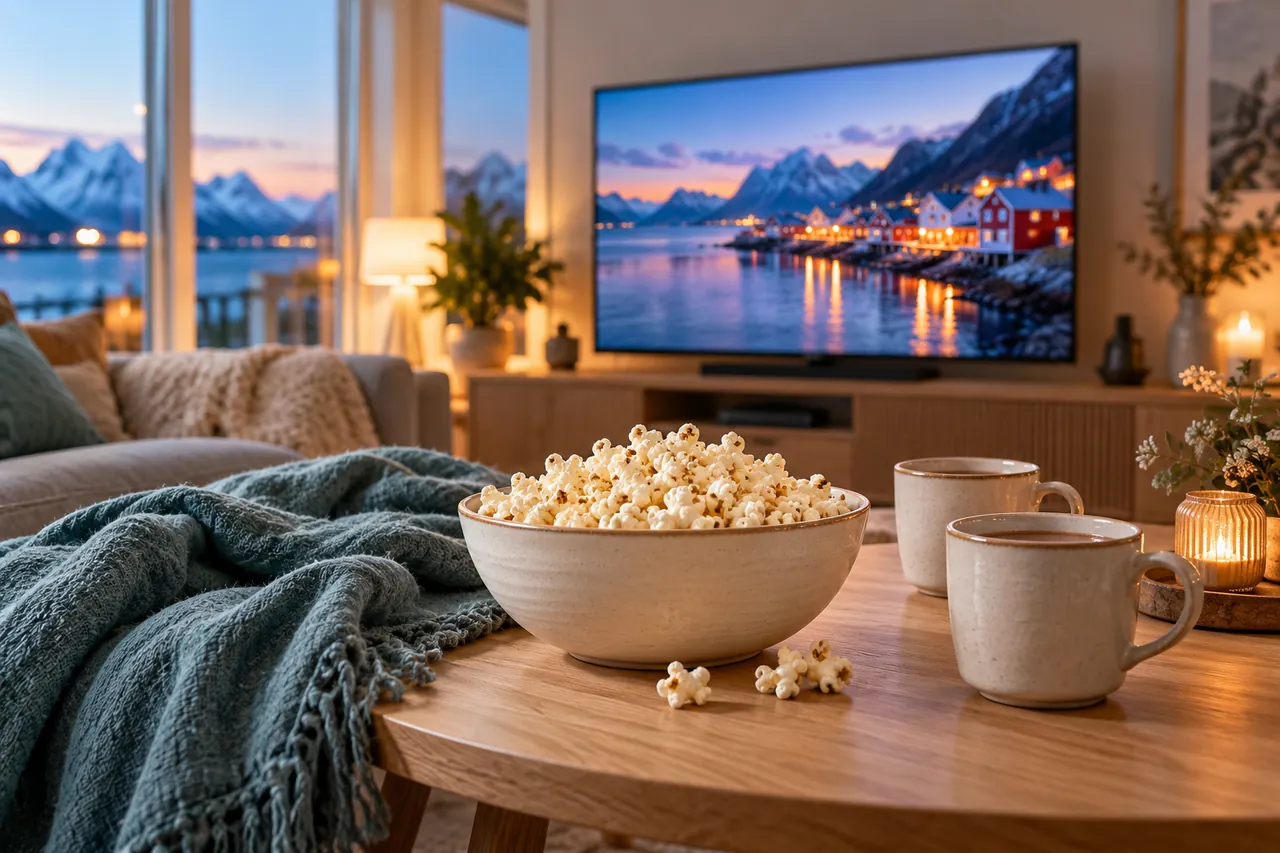 Popcorn og filmkveld i en skandinavisk stue