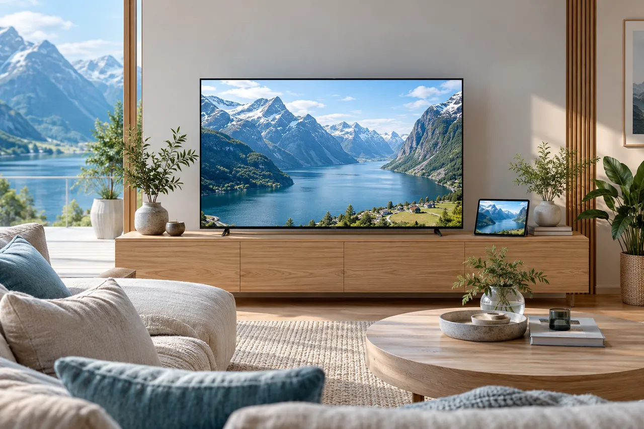 Lys norsk stue med fjordlandskap på TV og nettbrett