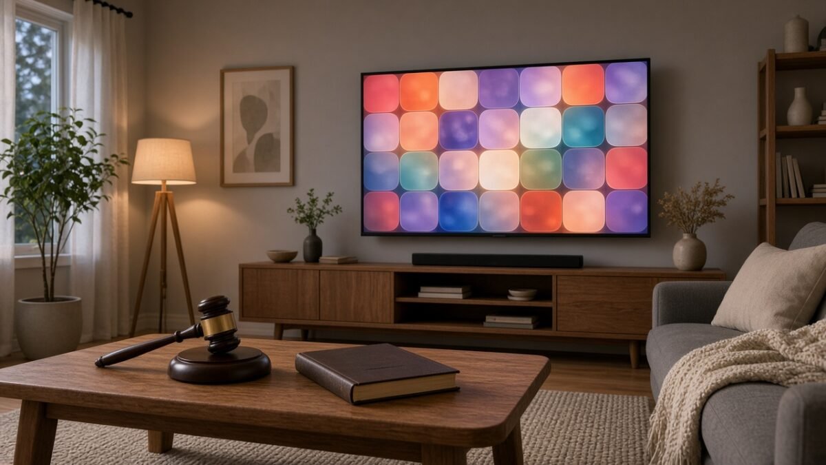 Stue med TV, dommerklubbe og lovbok som illustrerer spørsmålet om IPTV er lovlig i Norge