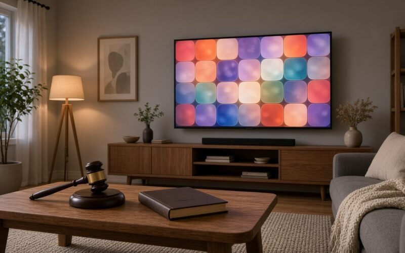 Stue med TV, dommerklubbe og lovbok som illustrerer spørsmålet om IPTV er lovlig i Norge