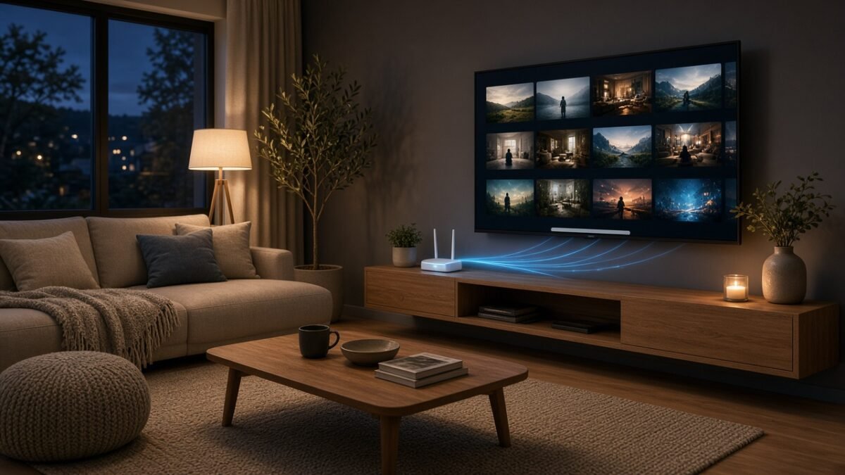 Smart-TV i en stue som viser IPTV-kanaler via internett