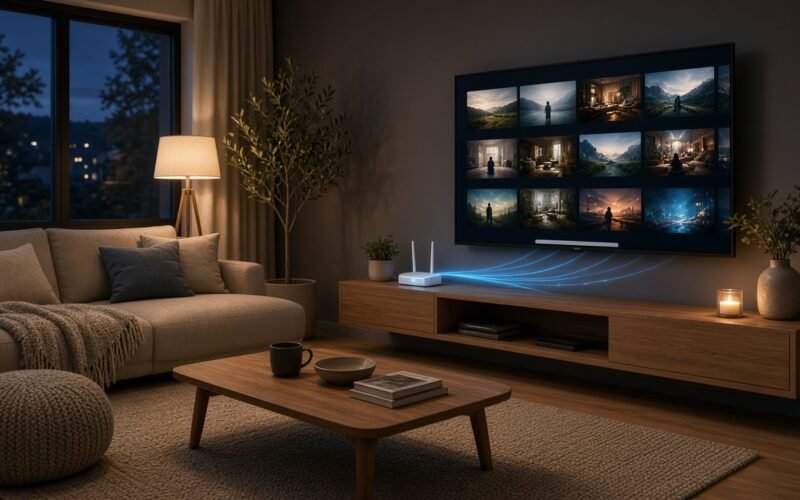 Smart-TV i en stue som viser IPTV-kanaler via internett