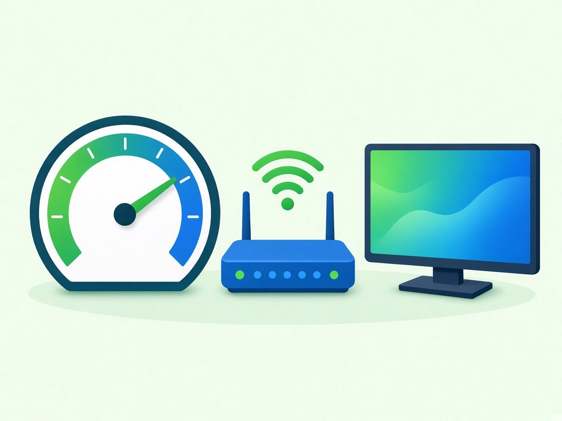 Speedometer, ruter og TV som illustrerer test av internetthastighet for IPTV