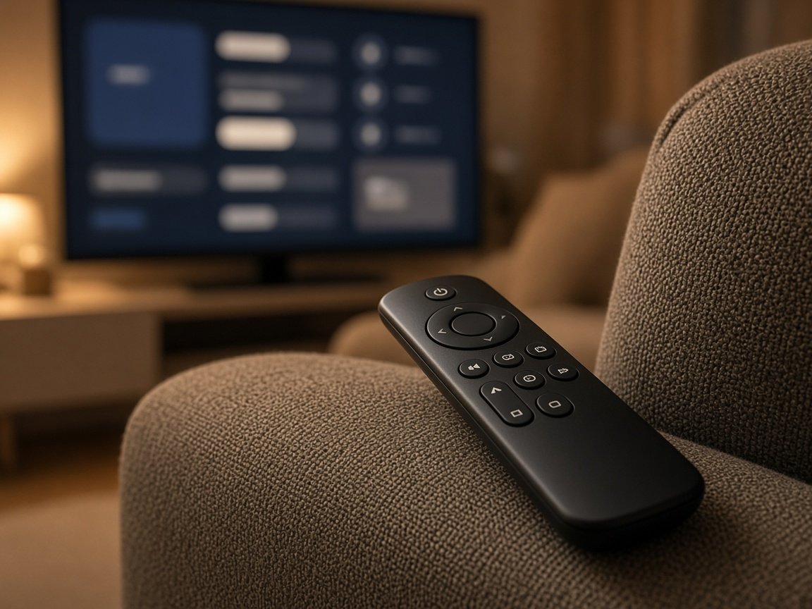Fjernkontroll på sofaen med TV som viser innstillingsmenyen i en IPTV-app