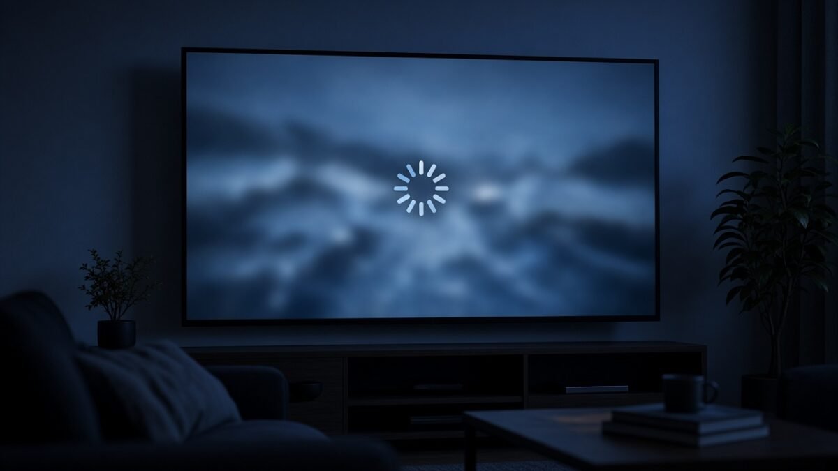 TV i mørk stue med frosset bilde og lastesymbol som viser IPTV-buffering