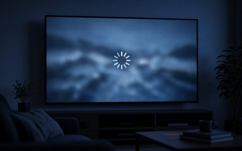 TV i mørk stue med frosset bilde og lastesymbol som viser IPTV-buffering
