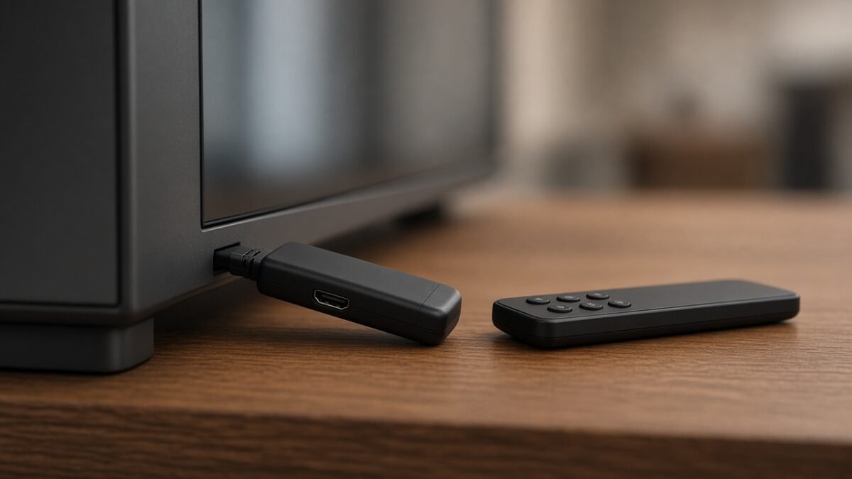 Strømmepinne koblet til HDMI-porten på en TV med fjernkontroll ved siden av