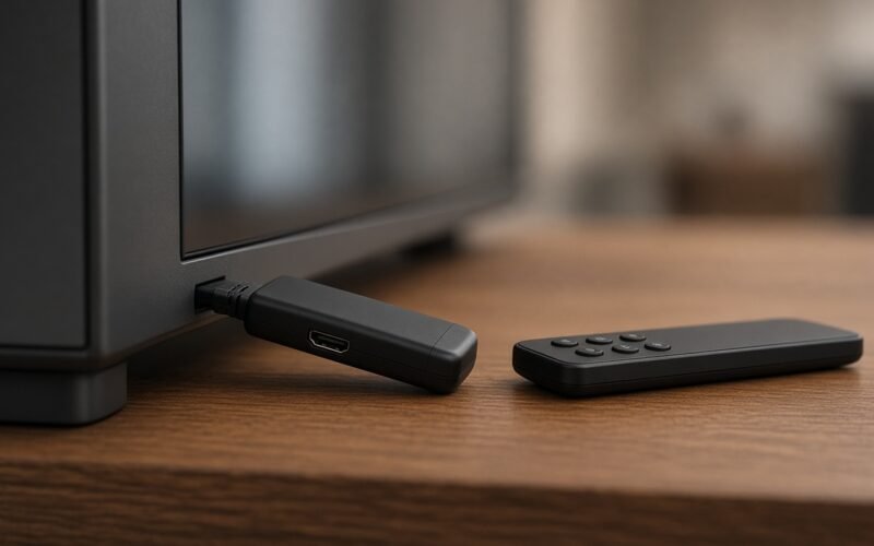Strømmepinne koblet til HDMI-porten på en TV med fjernkontroll ved siden av