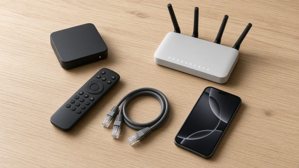 Utstyr for IPTV: TV-boks, fjernkontroll, nettverkskabel, ruter og mobil