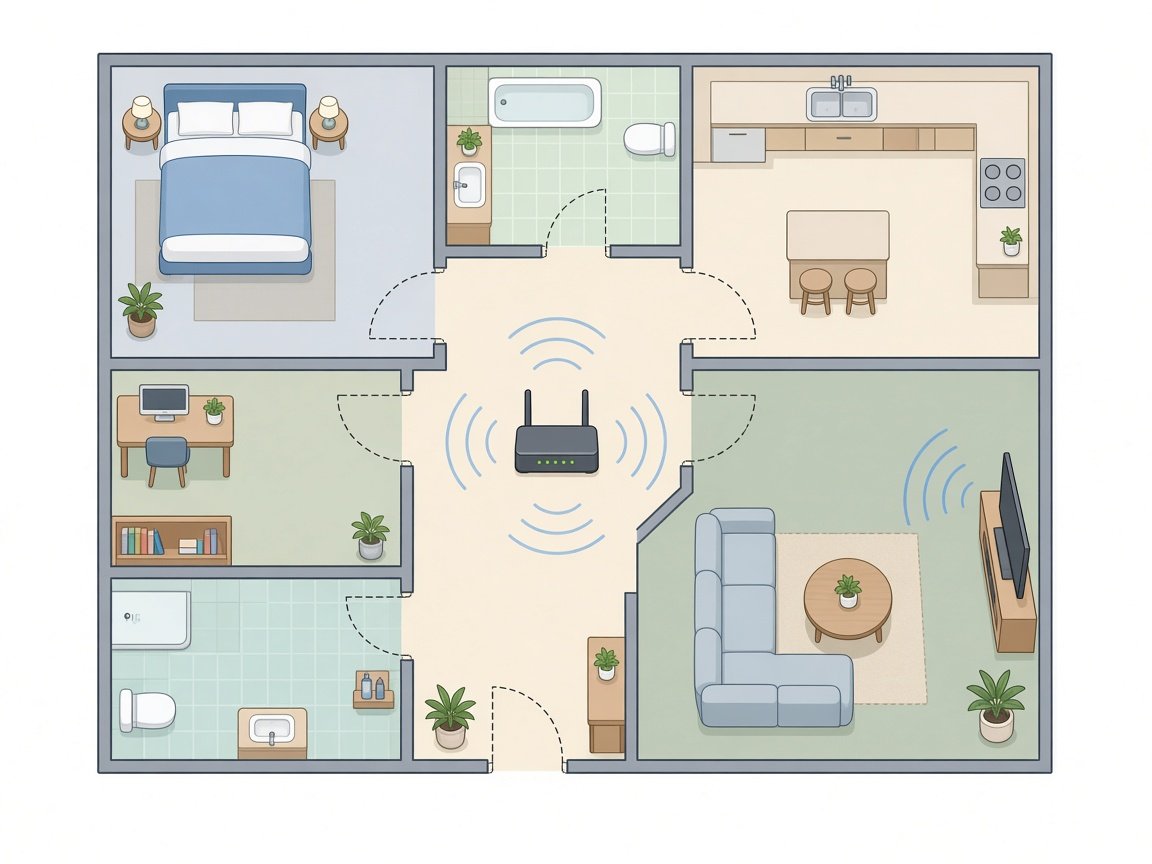 Plantegning av bolig med sentralt plassert ruter og Wi-Fi-signal til stua med TV